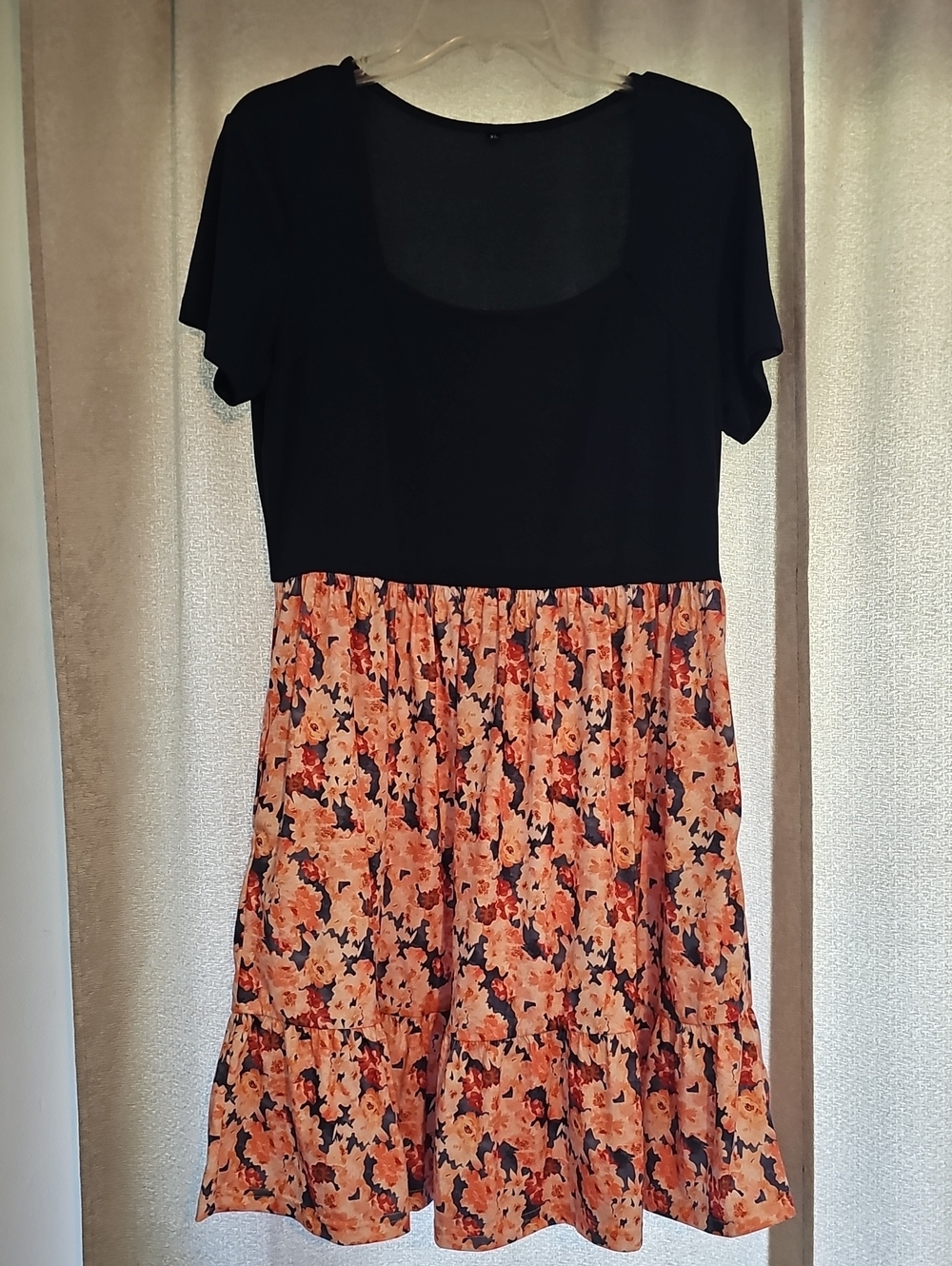 Black Top with Peach Floral A-Line Skirt - Feminine Tiered Dress